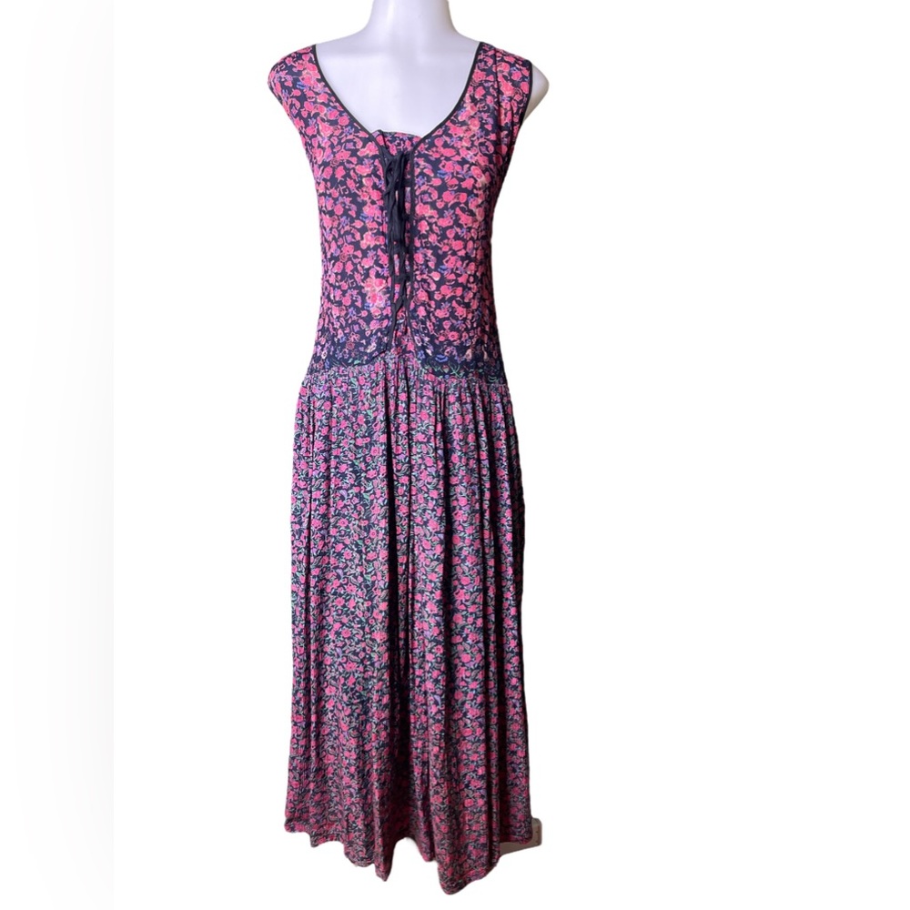 Vintage pink,blue floral lace front cap sleeve midi dress